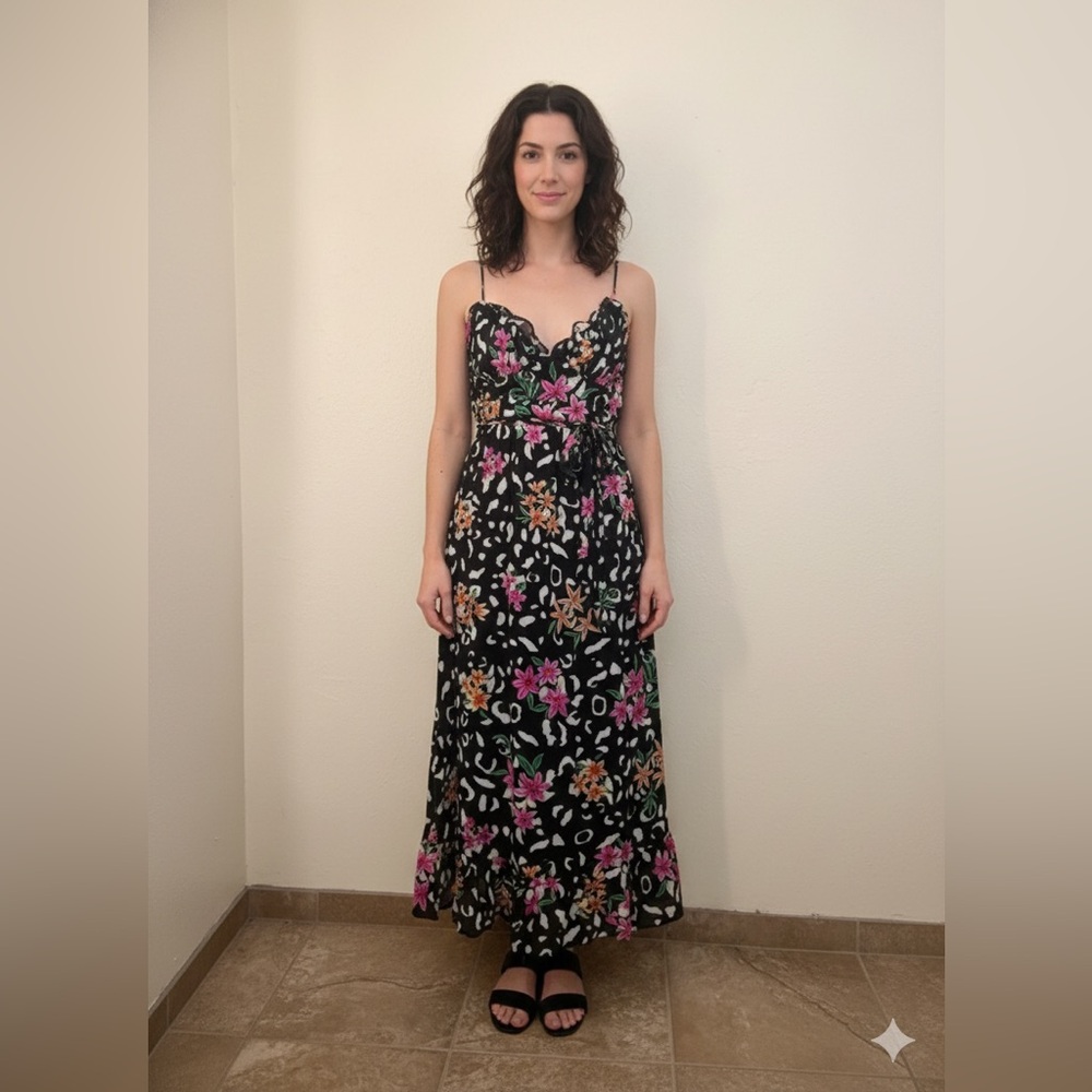 Black Floral Chiffon Maxi Dress S